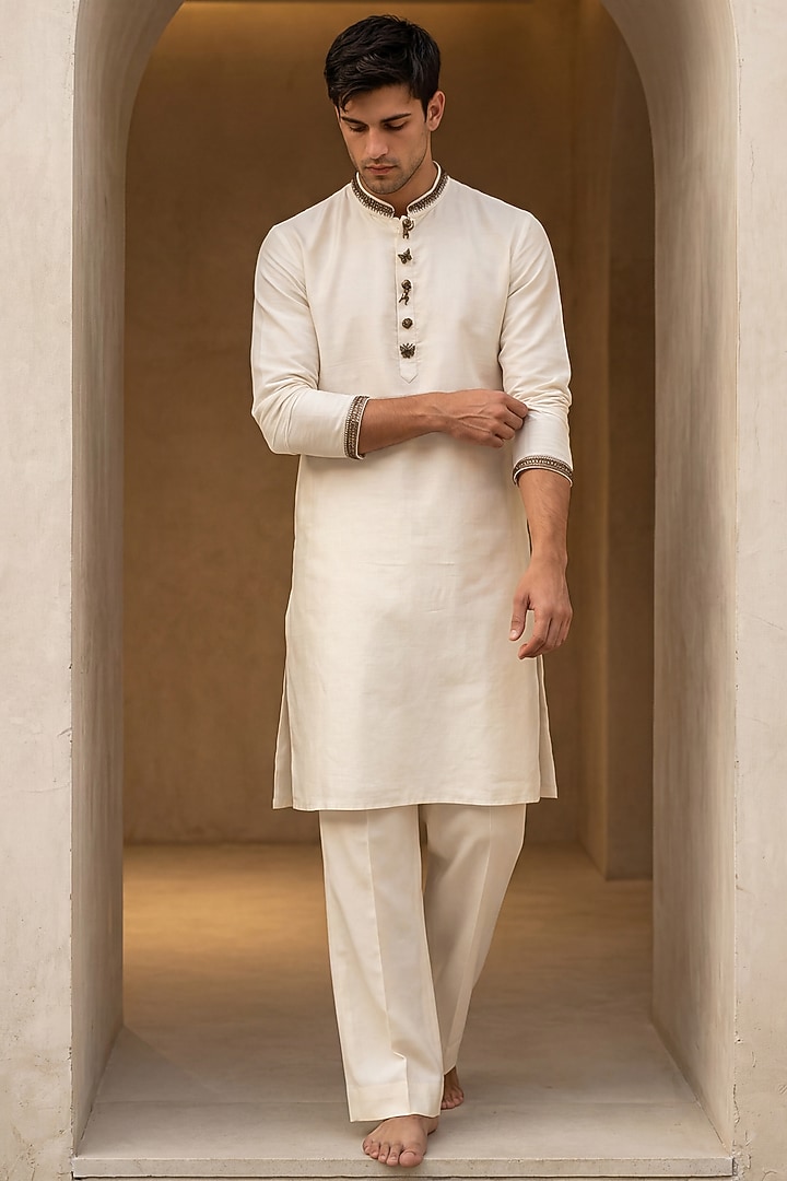Cream Chanderi Silk Kurta Set by AMIT ARORA at Pernia's Pop Up Shop