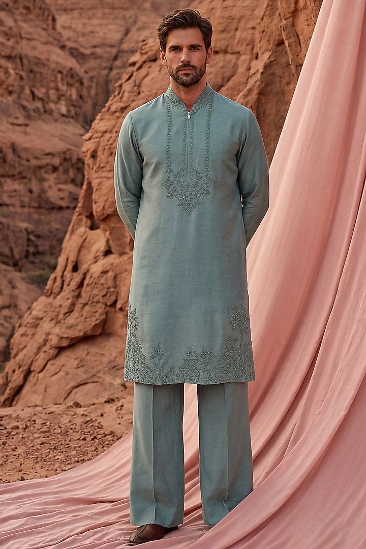 Teal Green Chanderi Silk Embroidered Kurta Set by AMIT ARORA at Pernia's Pop Up Shop
