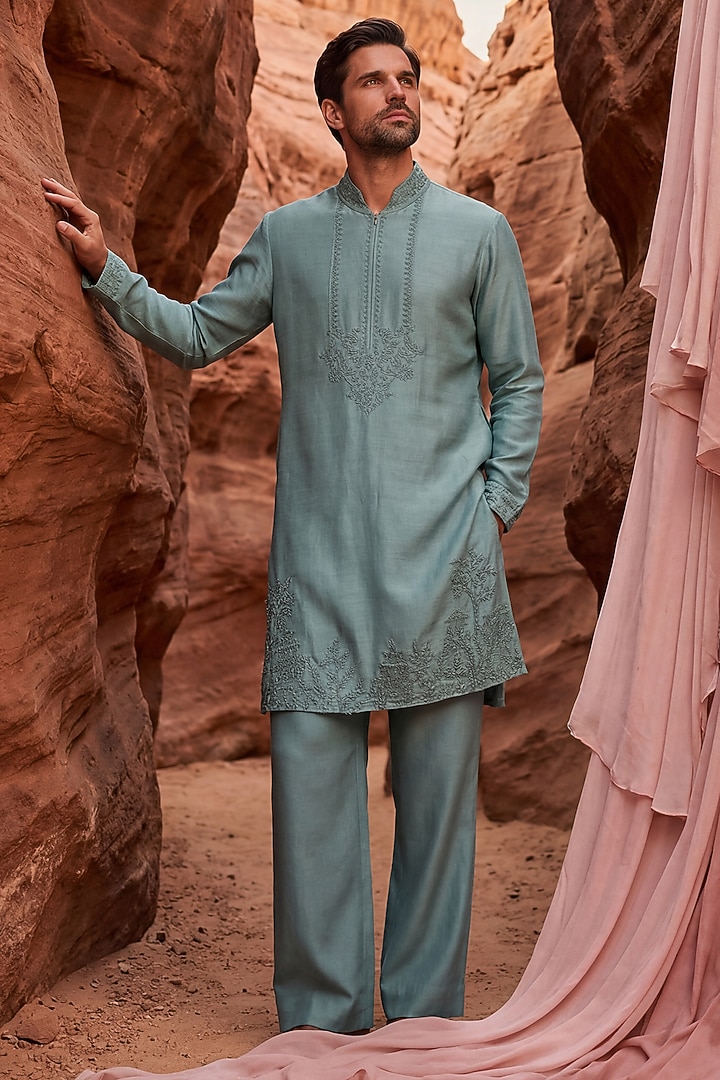 Teal Green Chanderi Silk Embroidered Kurta Set by AMIT ARORA at Pernia's Pop Up Shop
