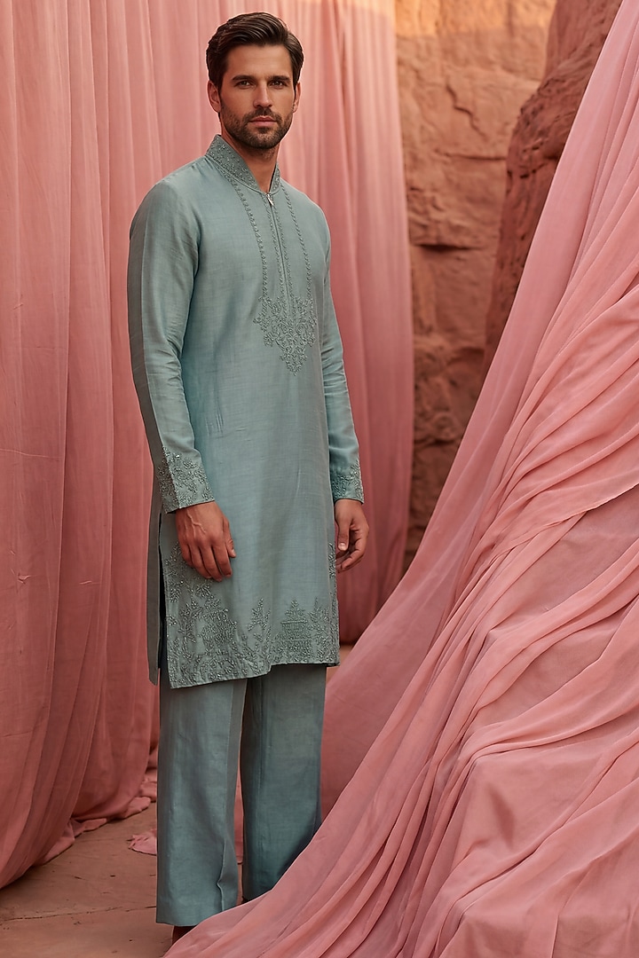 Teal Green Chanderi Silk Embroidered Kurta Set by AMIT ARORA at Pernia's Pop Up Shop