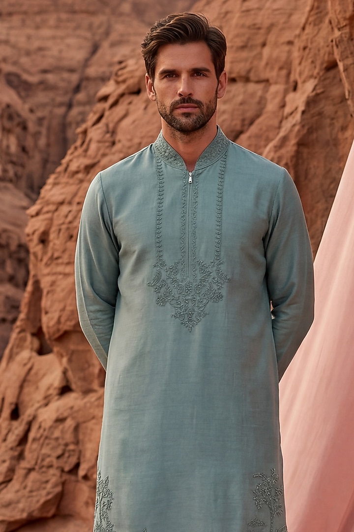 Teal Green Chanderi Silk Embroidered Kurta Set by AMIT ARORA at Pernia's Pop Up Shop