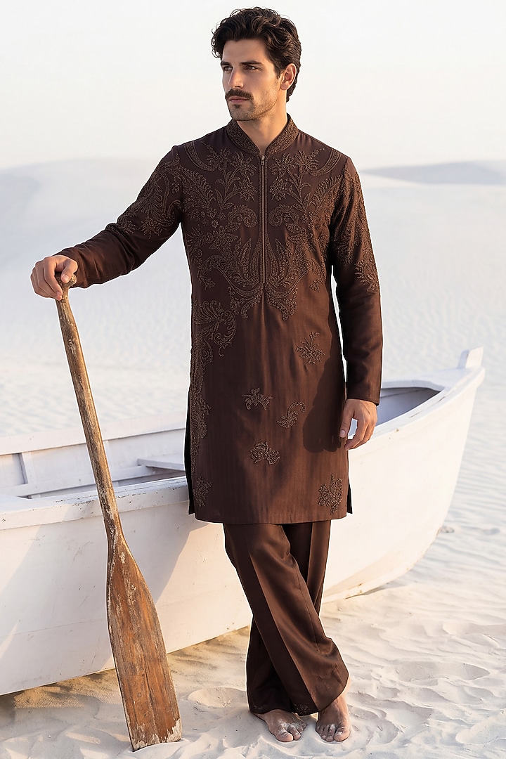 Brown Bamboo Silk Embroidered Kurta Set by AMIT ARORA at Pernia's Pop Up Shop