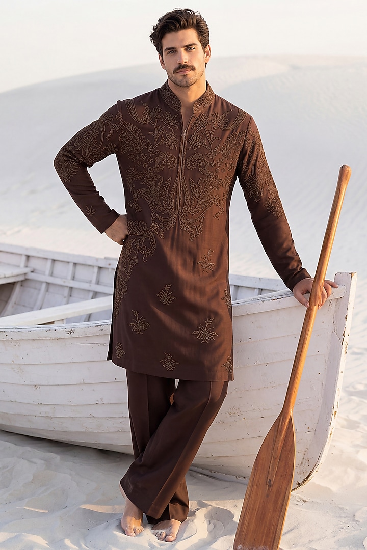 Brown Bamboo Silk Embroidered Kurta Set by AMIT ARORA at Pernia's Pop Up Shop