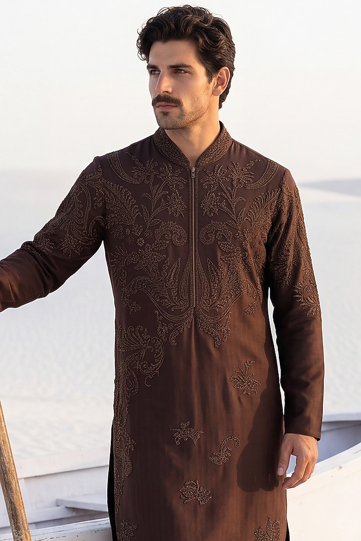Brown Bamboo Silk Embroidered Kurta Set by AMIT ARORA at Pernia's Pop Up Shop