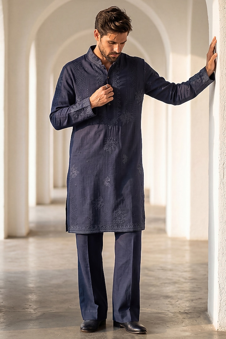 Navy Blue Bamboo Silk Embroidered Kurta Set by AMIT ARORA at Pernia's Pop Up Shop
