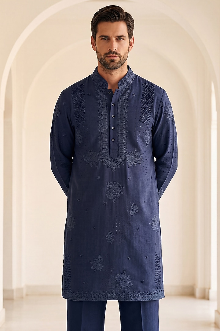 Navy Blue Bamboo Silk Embroidered Kurta Set by AMIT ARORA at Pernia's Pop Up Shop