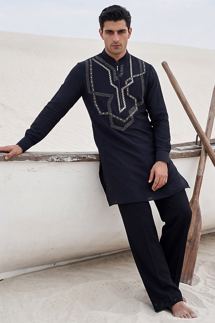 Dark Navy Blue Knit Metallic Embroidered Kurta Set by AMIT ARORA at Pernia's Pop Up Shop