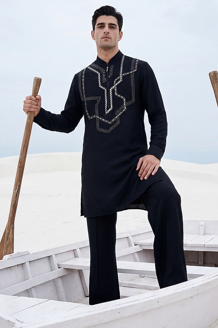 Dark Navy Blue Knit Metallic Embroidered Kurta Set by AMIT ARORA at Pernia's Pop Up Shop