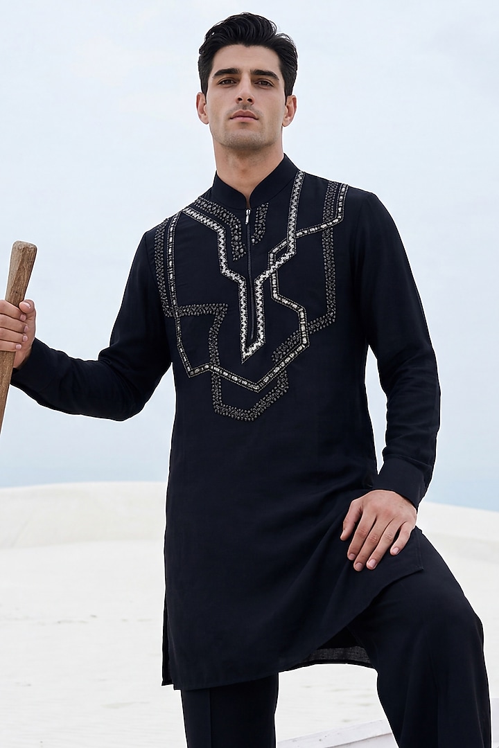 Dark Navy Blue Knit Metallic Embroidered Kurta Set by AMIT ARORA at Pernia's Pop Up Shop