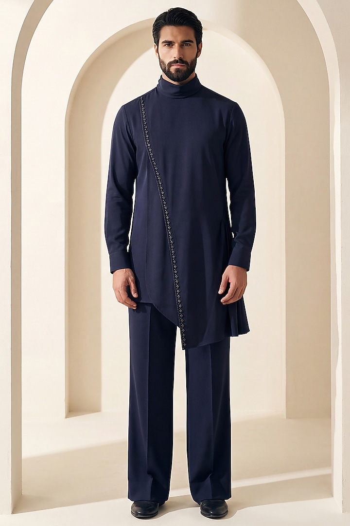 Navy Blue Knit Metallic Embroidered Kurta Set by AMIT ARORA at Pernia's Pop Up Shop