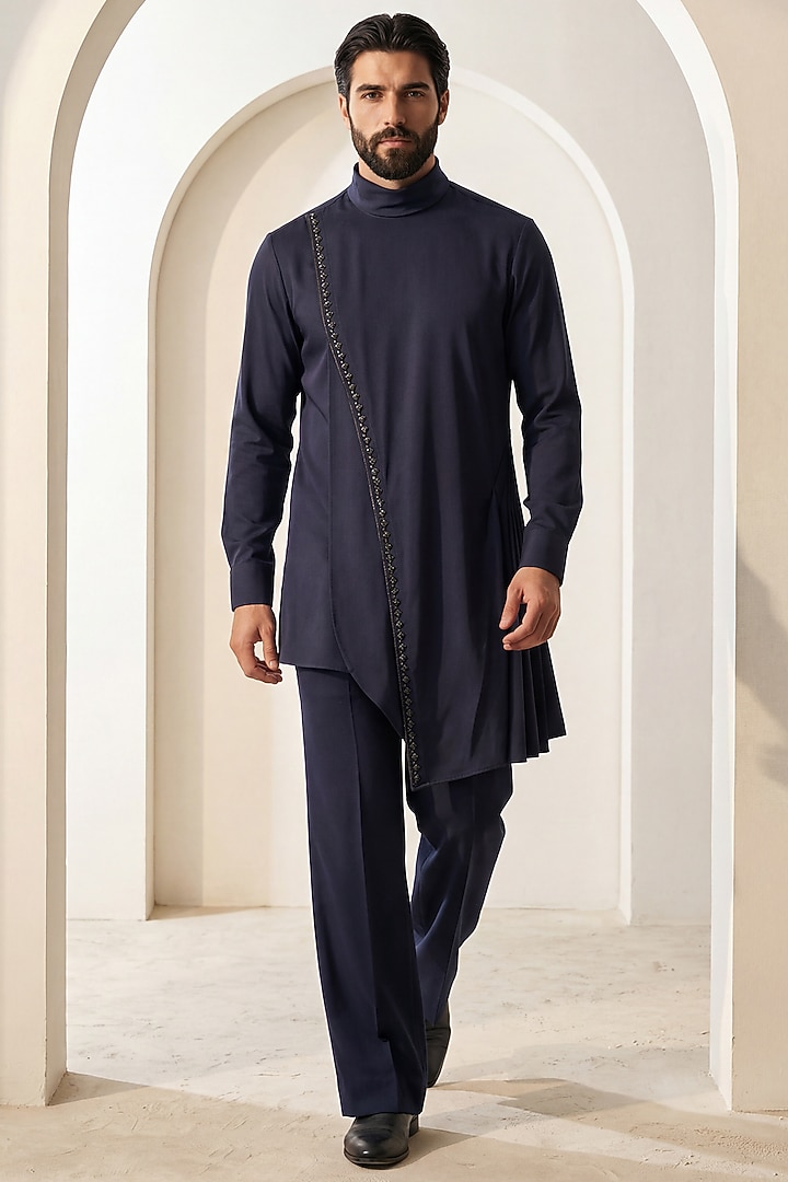 Navy Blue Knit Metallic Embroidered Kurta Set by AMIT ARORA at Pernia's Pop Up Shop