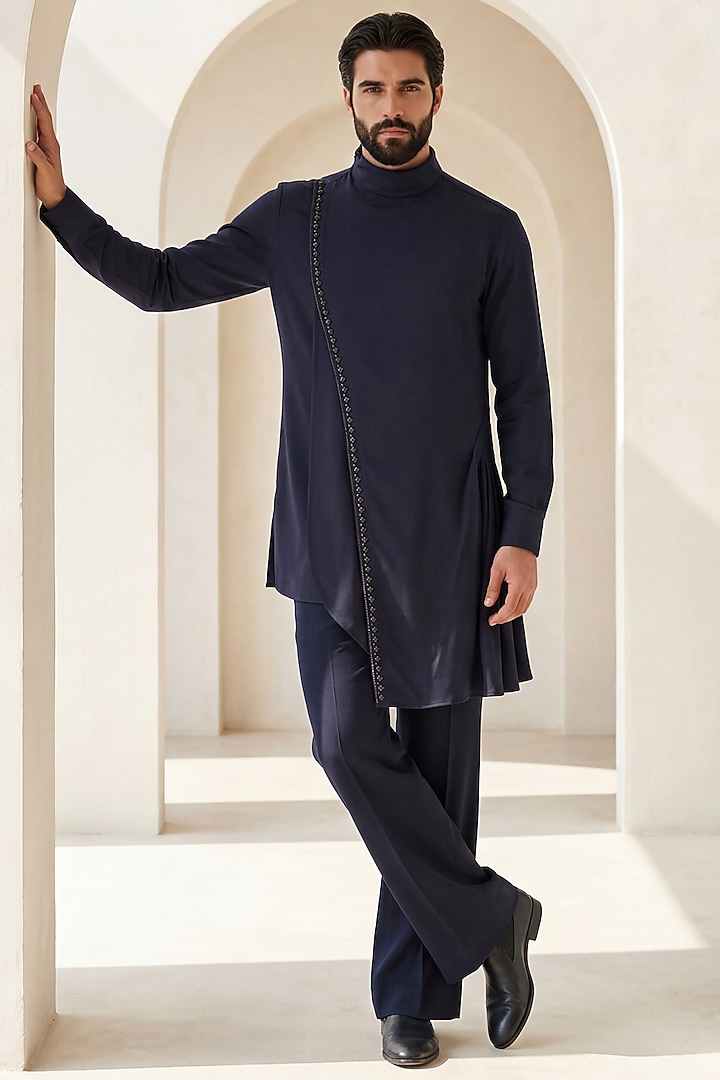 Navy Blue Knit Metallic Embroidered Kurta Set by AMIT ARORA at Pernia's Pop Up Shop
