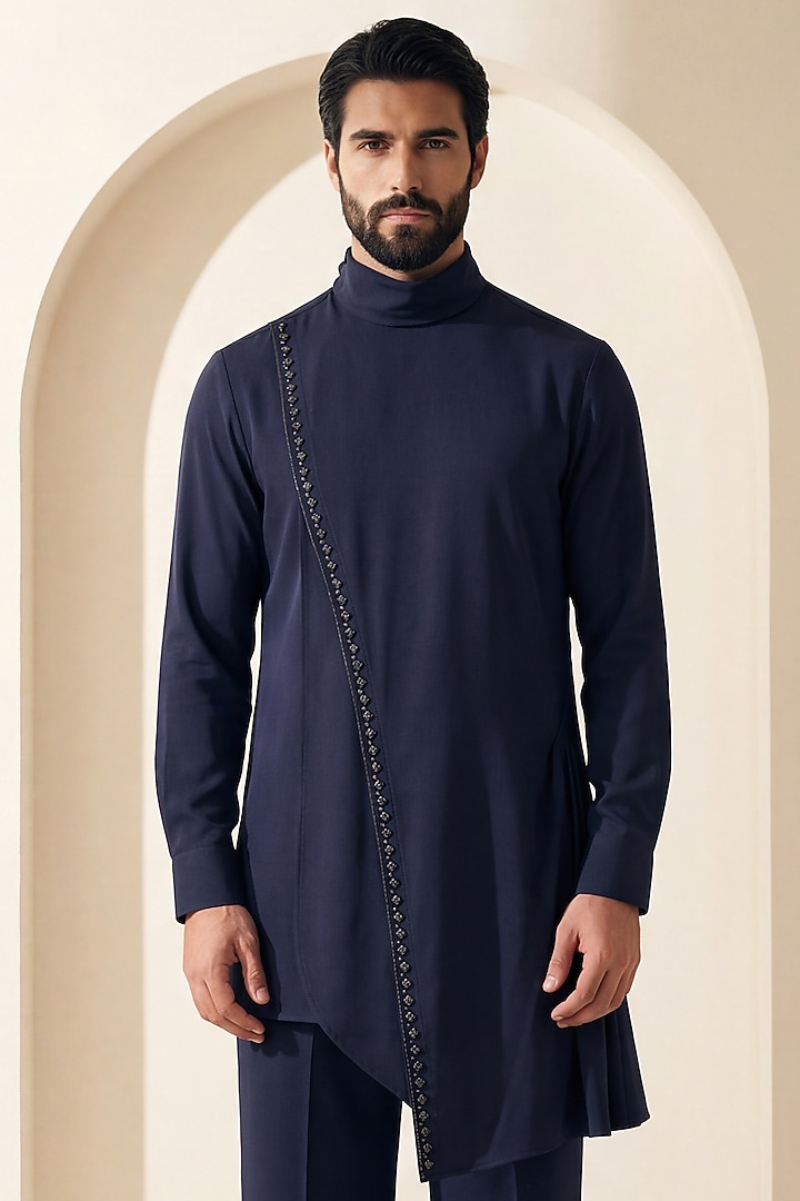 Navy Blue Knit Metallic Embroidered Kurta Set by AMIT ARORA at Pernia's Pop Up Shop