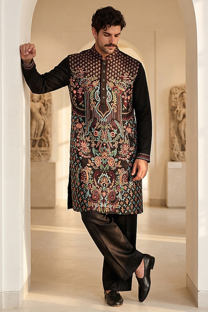 Black Knit Metallic Embroidered Kurta Set by AMIT ARORA at Pernia's Pop Up Shop