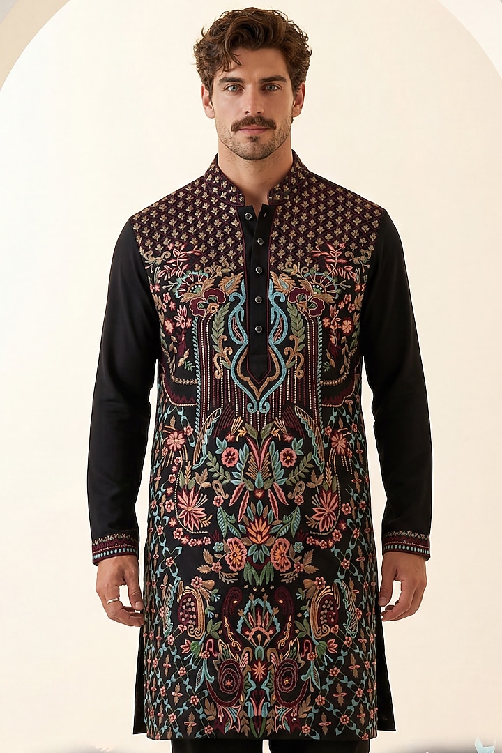 Black Knit Metallic Embroidered Kurta Set by AMIT ARORA at Pernia's Pop Up Shop