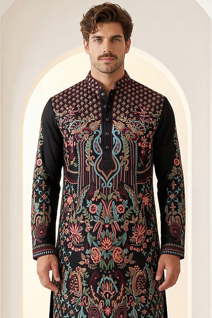 Black Knit Metallic Embroidered Kurta Set by AMIT ARORA at Pernia's Pop Up Shop