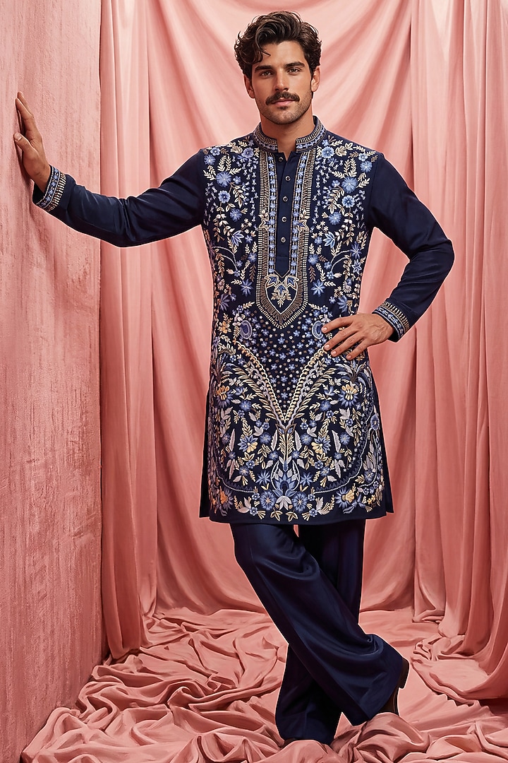Navy Blue Knit Embroidered Kurta Set by AMIT ARORA at Pernia's Pop Up Shop