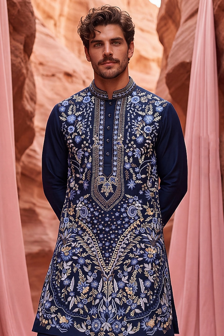 Navy Blue Knit Embroidered Kurta Set by AMIT ARORA at Pernia's Pop Up Shop