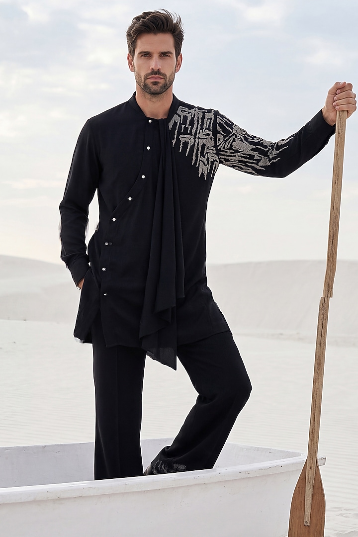 Black Knit Metallic Embroidered Kurta Set by AMIT ARORA at Pernia's Pop Up Shop