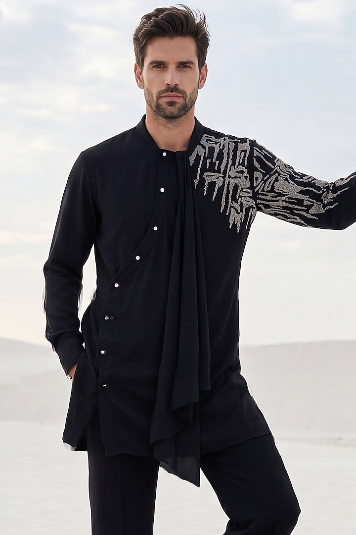 Black Knit Metallic Embroidered Kurta Set by AMIT ARORA at Pernia's Pop Up Shop