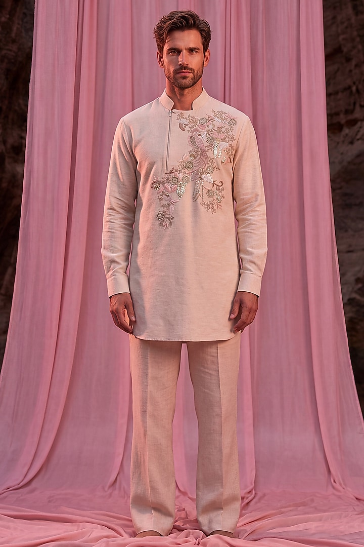 Beige Matka Silk Embroidered Kurta Set by AMIT ARORA at Pernia's Pop Up Shop