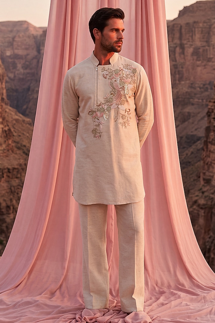 Beige Matka Silk Embroidered Kurta Set by AMIT ARORA at Pernia's Pop Up Shop