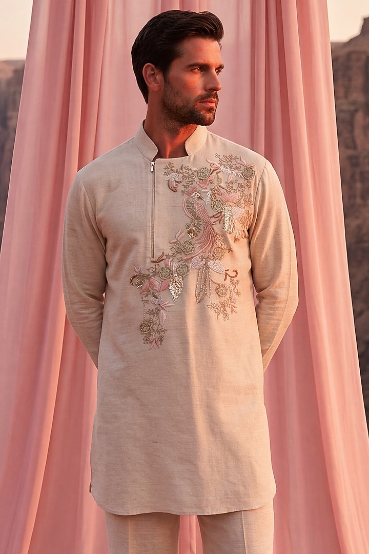 Beige Matka Silk Embroidered Kurta Set by AMIT ARORA at Pernia's Pop Up Shop