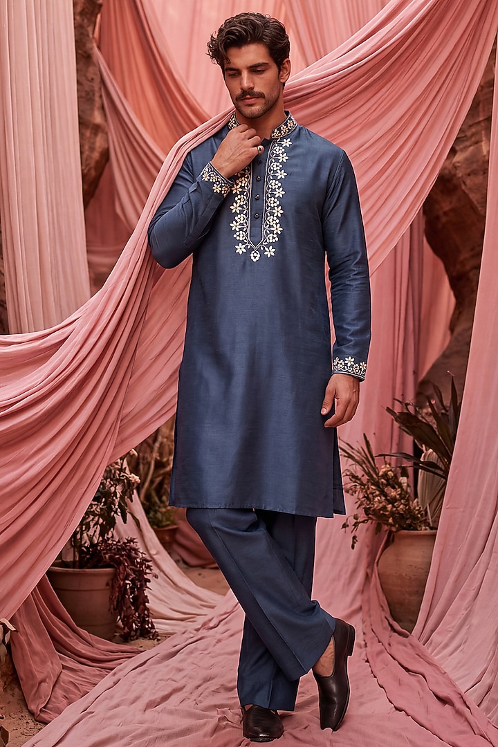 Dark Turquoise Chanderi Silk Embroidered Kurta Set by AMIT ARORA at Pernia's Pop Up Shop