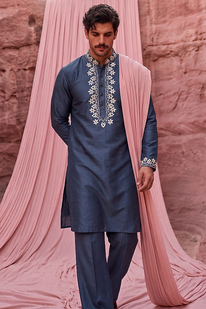 Dark Turquoise Chanderi Silk Embroidered Kurta Set by AMIT ARORA at Pernia's Pop Up Shop