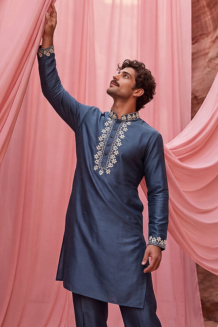 Dark Turquoise Chanderi Silk Embroidered Kurta Set by AMIT ARORA at Pernia's Pop Up Shop
