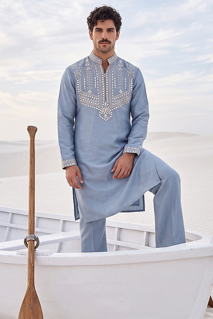Medium Blue Chanderi Silk Embroidered Kurta Set by AMIT ARORA at Pernia's Pop Up Shop