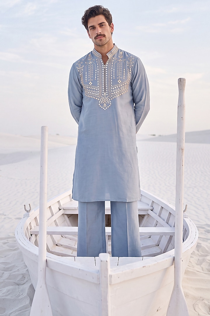 Medium Blue Chanderi Silk Embroidered Kurta Set by AMIT ARORA at Pernia's Pop Up Shop