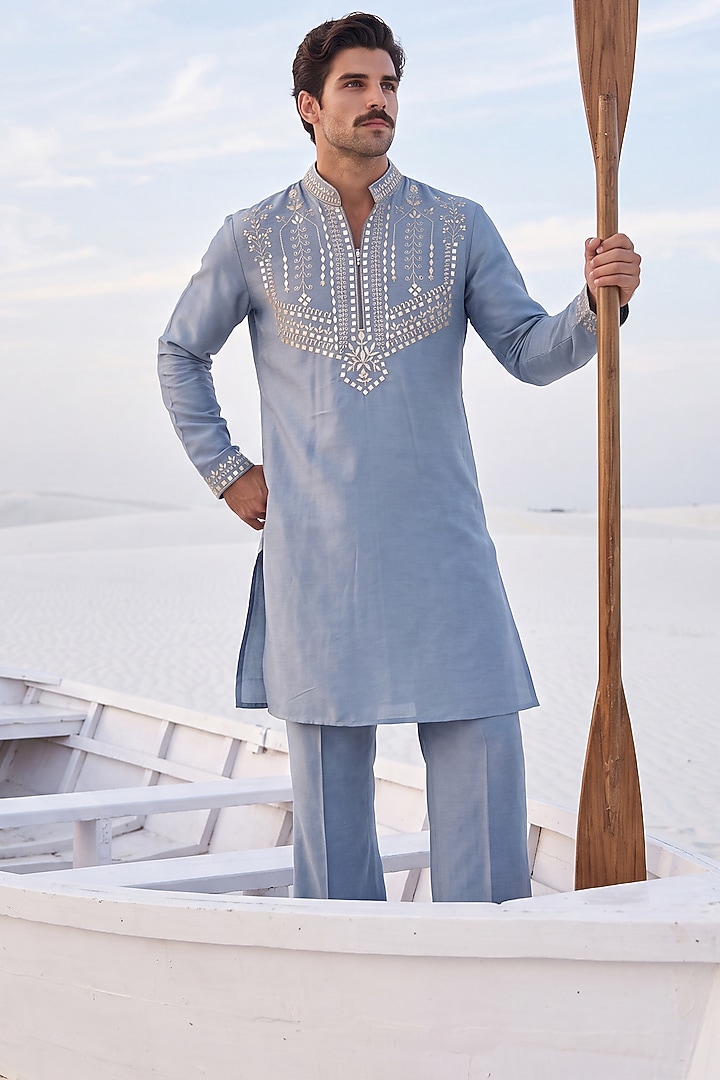 Medium Blue Chanderi Silk Embroidered Kurta Set by AMIT ARORA at Pernia's Pop Up Shop