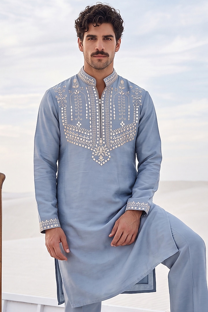Medium Blue Chanderi Silk Embroidered Kurta Set by AMIT ARORA at Pernia's Pop Up Shop