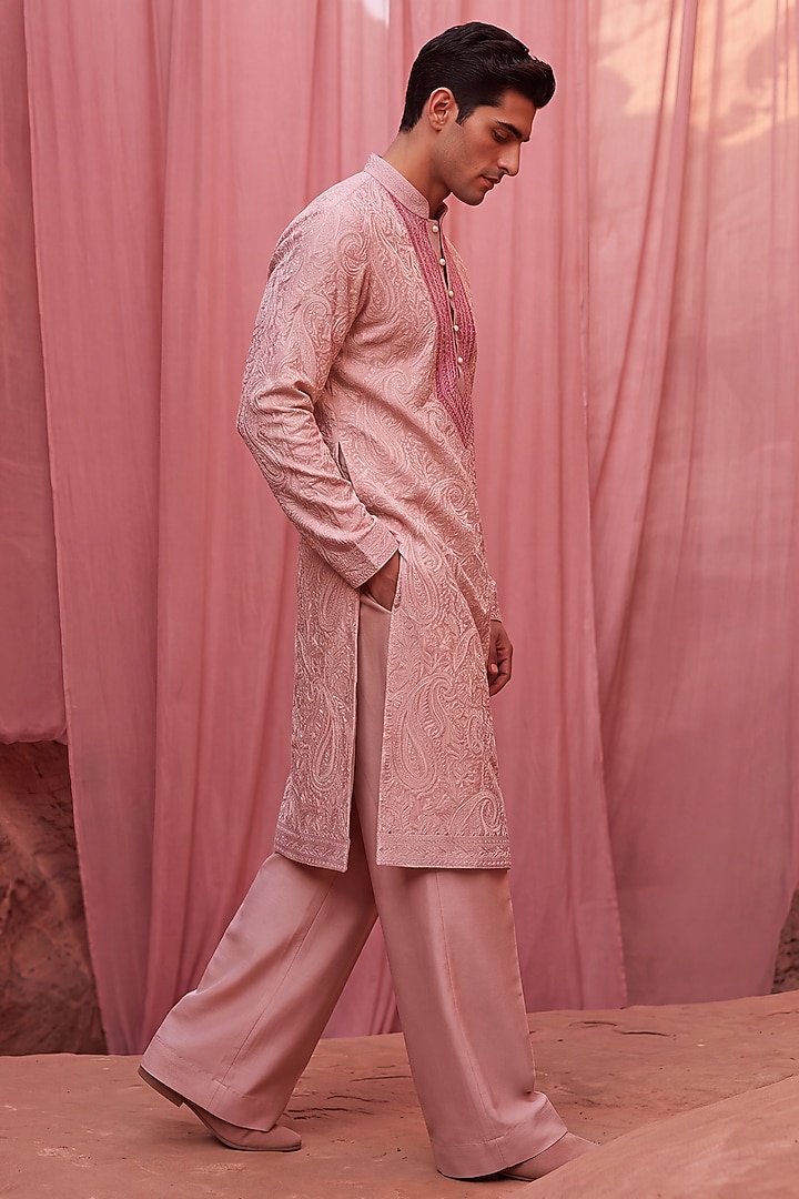 Pink Chanderi Silk Embroidered Kurta Set by AMIT ARORA at Pernia's Pop Up Shop