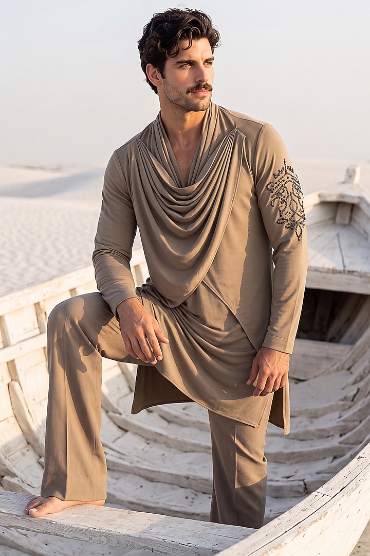 Khakhi Knit Embroidered Kurta Set by AMIT ARORA at Pernia's Pop Up Shop