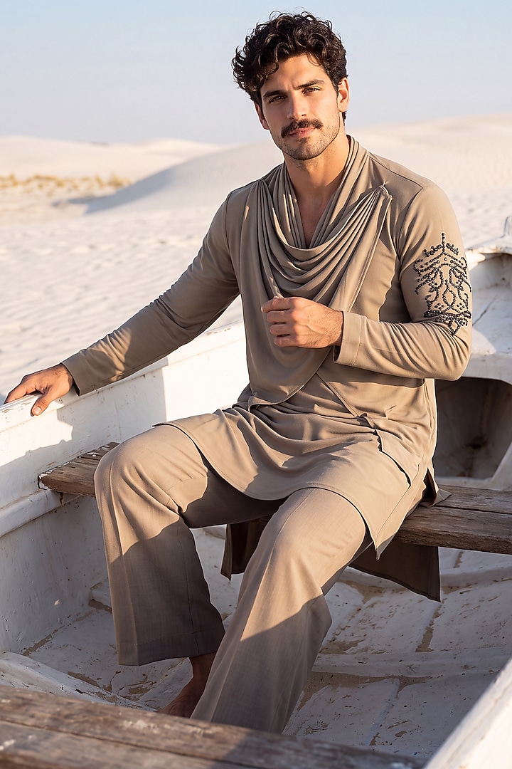 Khakhi Knit Embroidered Kurta Set by AMIT ARORA at Pernia's Pop Up Shop