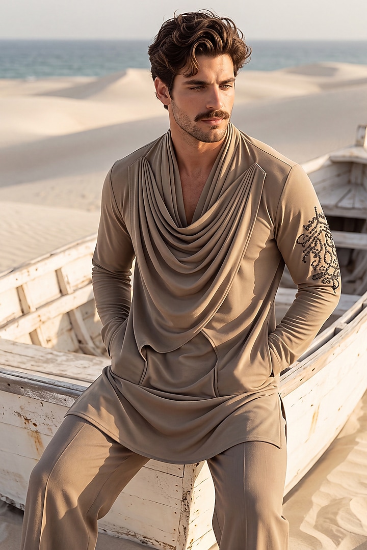 Khakhi Knit Embroidered Kurta Set by AMIT ARORA at Pernia's Pop Up Shop