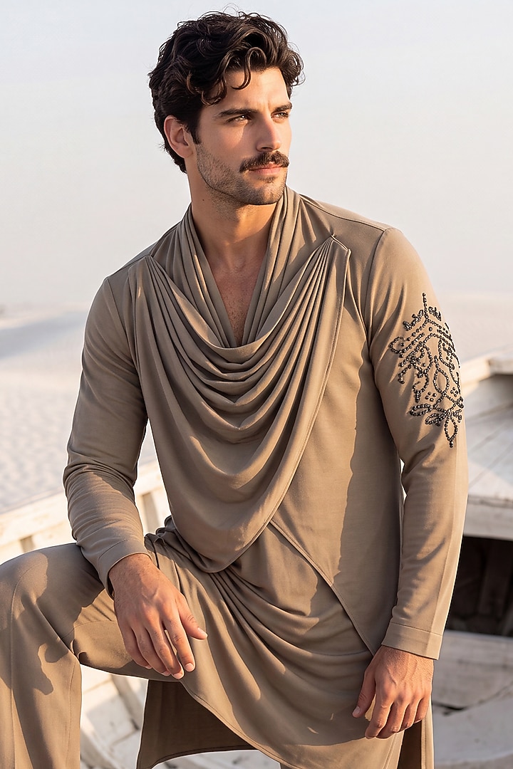 Khakhi Knit Embroidered Kurta Set by AMIT ARORA at Pernia's Pop Up Shop