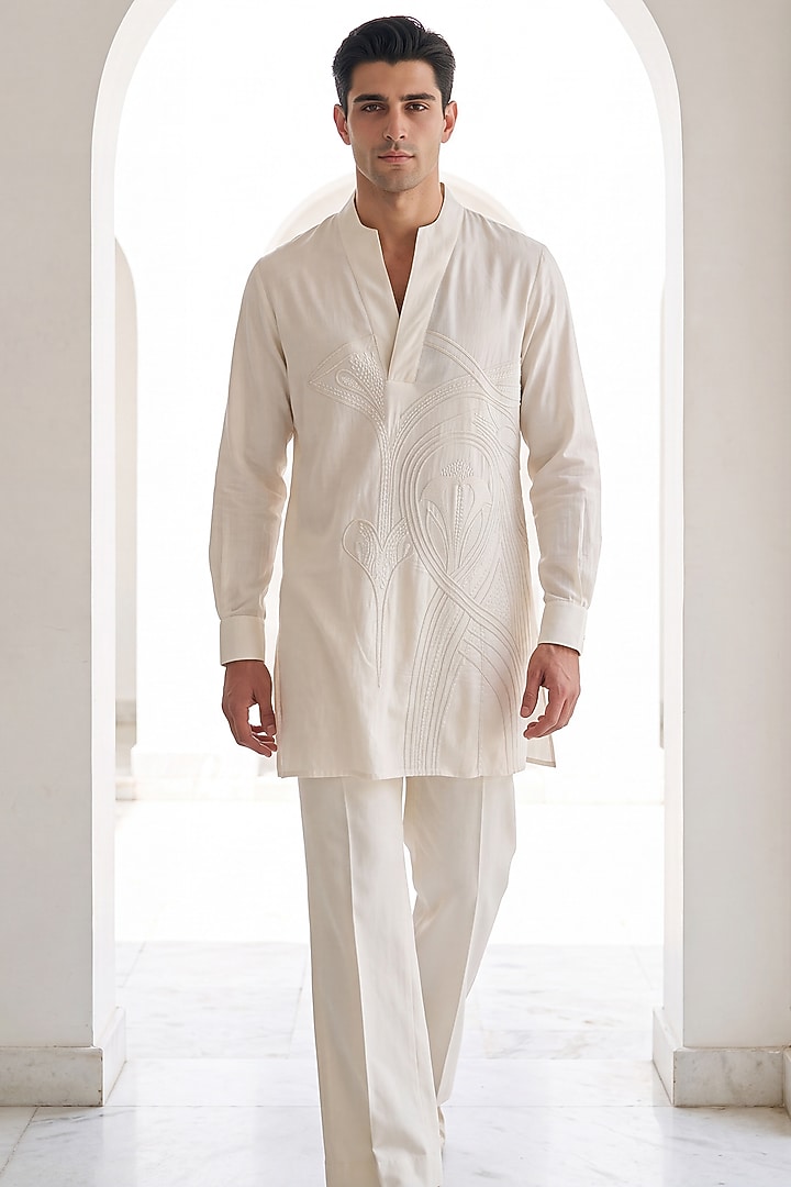 Ivory Knit Embroidered Kurta Set by AMIT ARORA at Pernia's Pop Up Shop