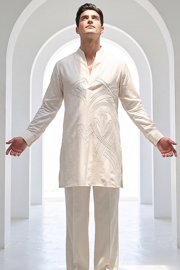 Ivory Knit Embroidered Kurta Set by AMIT ARORA at Pernia's Pop Up Shop