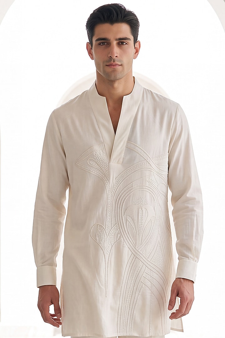 Ivory Knit Embroidered Kurta Set by AMIT ARORA at Pernia's Pop Up Shop
