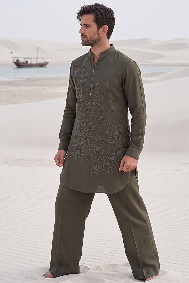 Olive Green Knit Dori Embroidered Kurta Set by AMIT ARORA at Pernia's Pop Up Shop