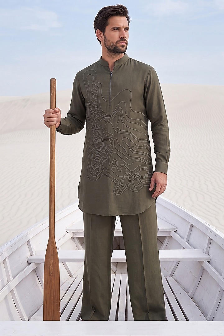Olive Green Knit Dori Embroidered Kurta Set by AMIT ARORA at Pernia's Pop Up Shop