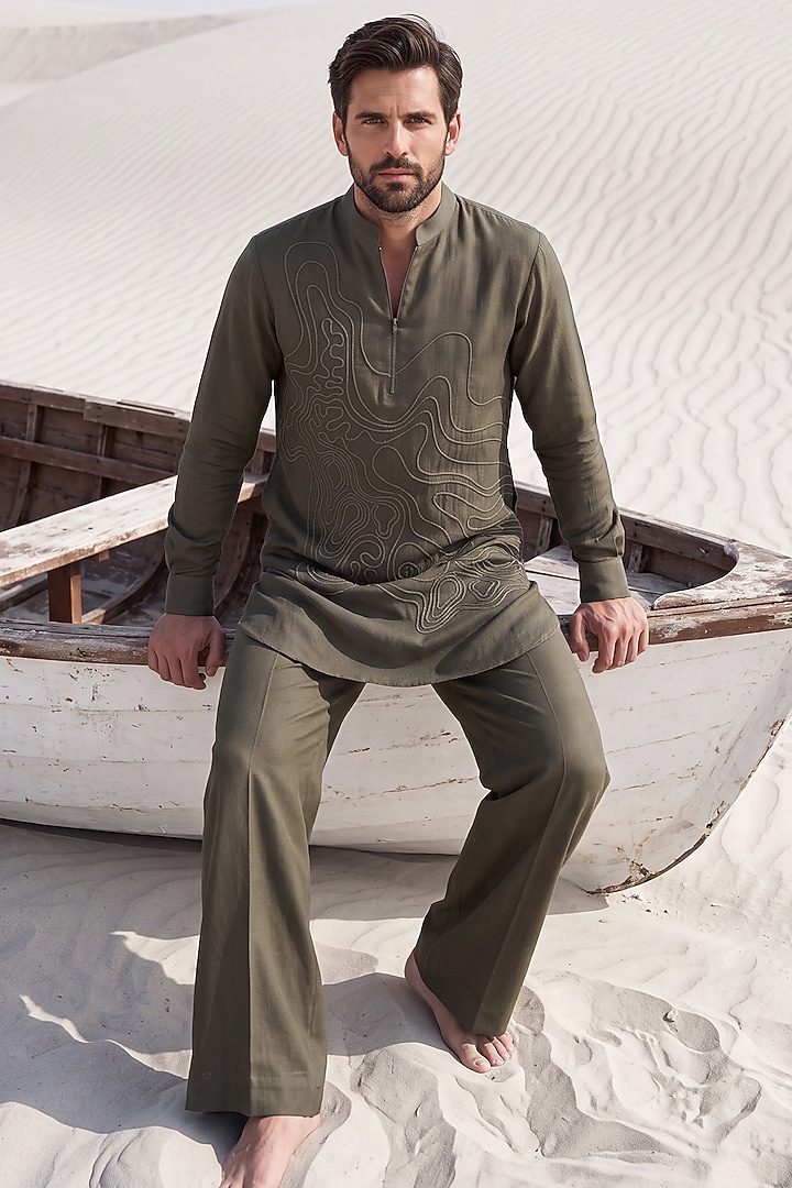 Olive Green Knit Dori Embroidered Kurta Set by AMIT ARORA at Pernia's Pop Up Shop
