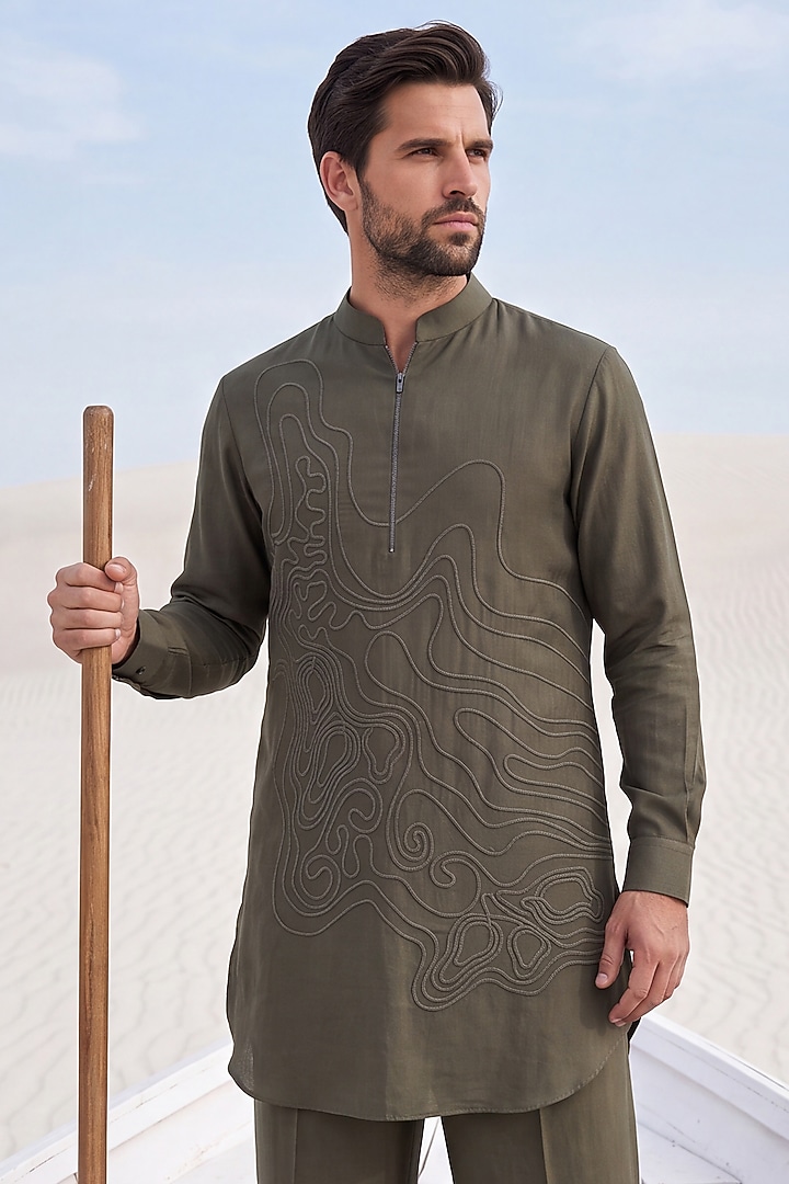 Olive Green Knit Dori Embroidered Kurta Set by AMIT ARORA at Pernia's Pop Up Shop