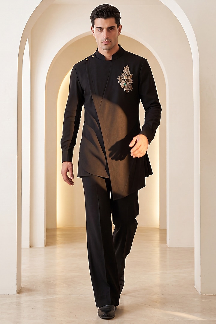 Black Knit Embroidered Kurta Set by AMIT ARORA at Pernia's Pop Up Shop