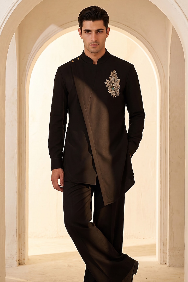 Black Knit Embroidered Kurta Set by AMIT ARORA at Pernia's Pop Up Shop