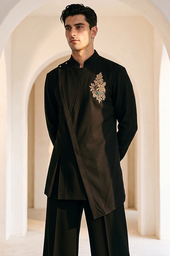 Black Knit Embroidered Kurta Set by AMIT ARORA at Pernia's Pop Up Shop