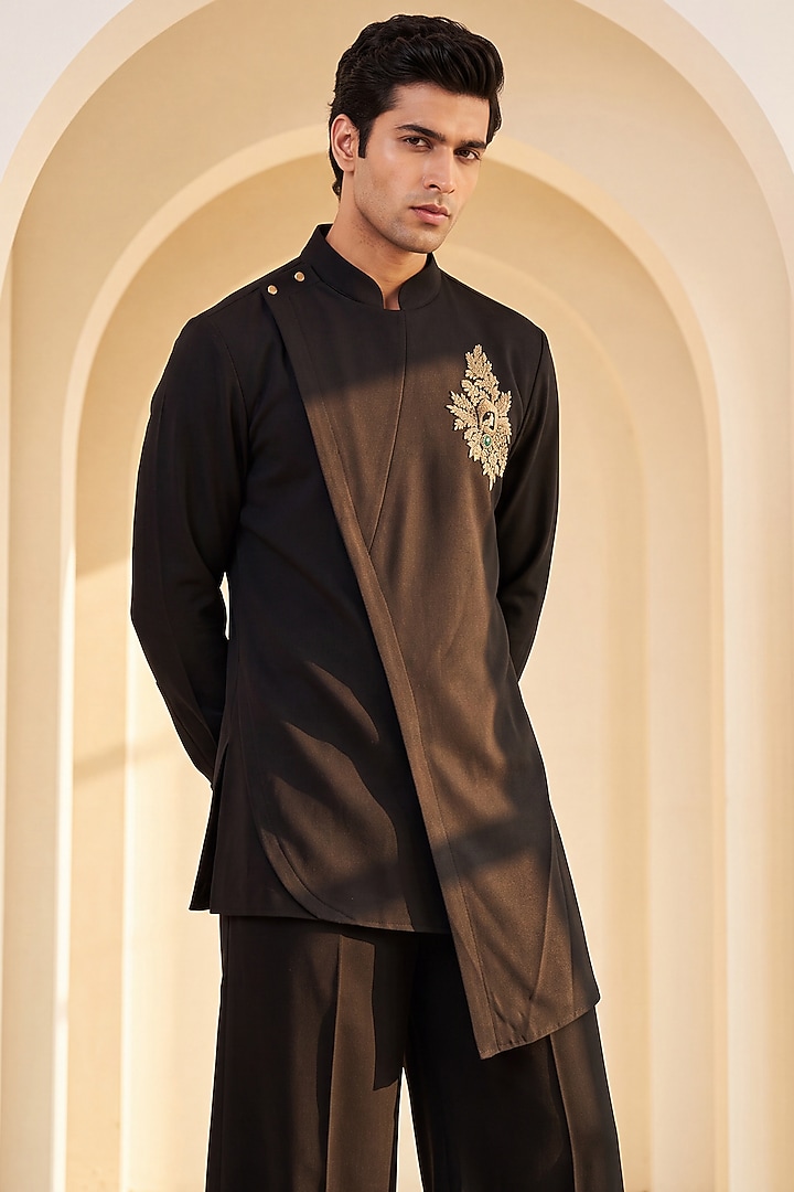 Black Knit Embroidered Kurta Set by AMIT ARORA at Pernia's Pop Up Shop